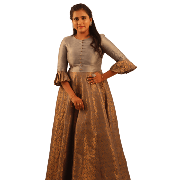 GRAY RAW SILK WITH BANARAS PANEL ANARKALI LONG DRESS