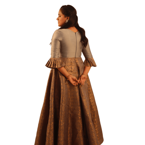 GRAY RAW SILK WITH BANARAS PANEL ANARKALI LONG DRESS - Image 4