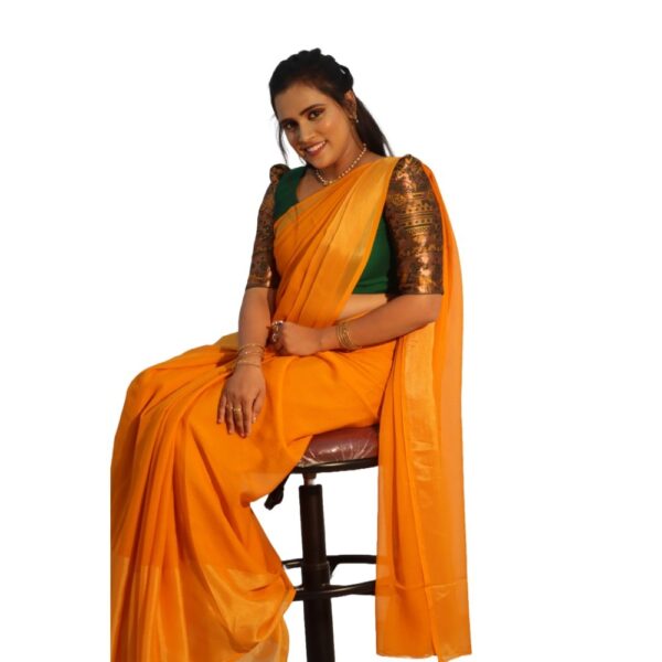 TURMERIC YELLOW CHIFFON SAREE WITH READYMADE BLOUSE - Image 4