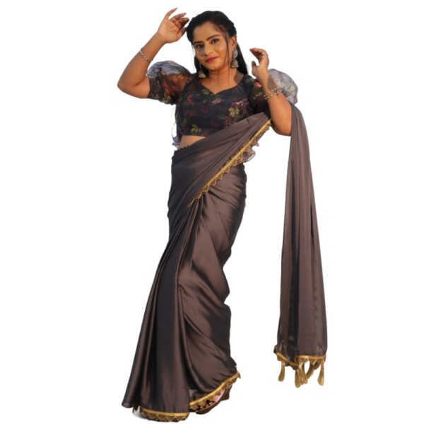 DARK GRAY SHINING GEORGETTE SAREE WITH READYMADE BLOUSE