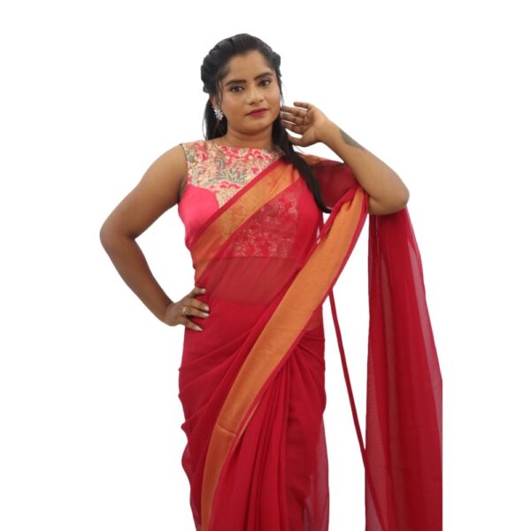 DARK PINK CHIFFON SAREE WITH READYMADE SAREE - Image 3