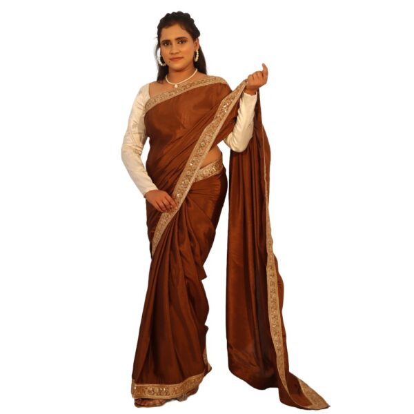 BROWN SHINING GEORGETTE  SAREE WITH READYMADE BLOUSE