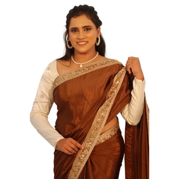 BROWN SHINING GEORGETTE  SAREE WITH READYMADE BLOUSE - Image 2