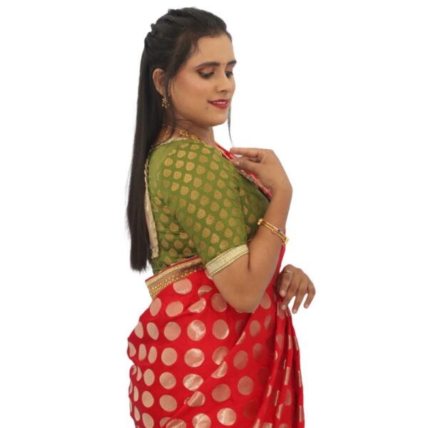 RED BANARAS SAREE  WITH READYMADE BLOUSE - Image 3