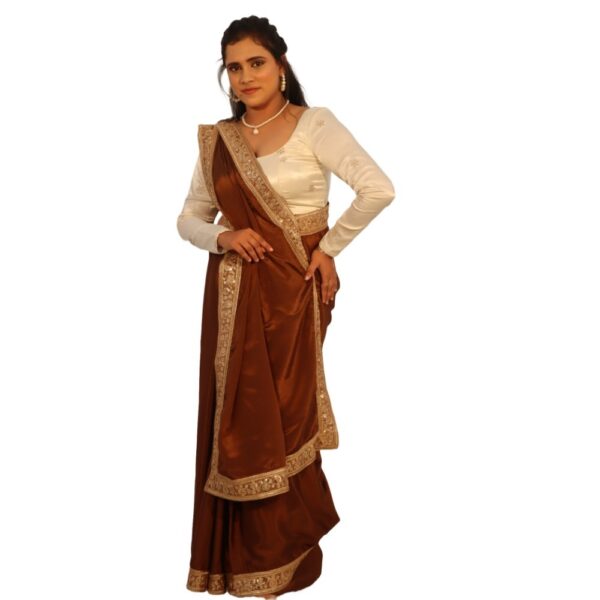 BROWN SHINING GEORGETTE  SAREE WITH READYMADE BLOUSE - Image 3