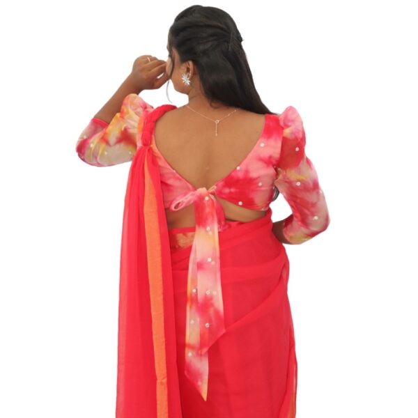 RED CHIFFON SAREE WITH READYMADE BLOUSE - Image 5