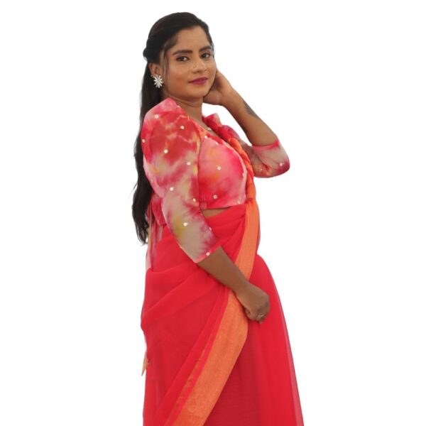 RED CHIFFON SAREE WITH READYMADE BLOUSE - Image 2