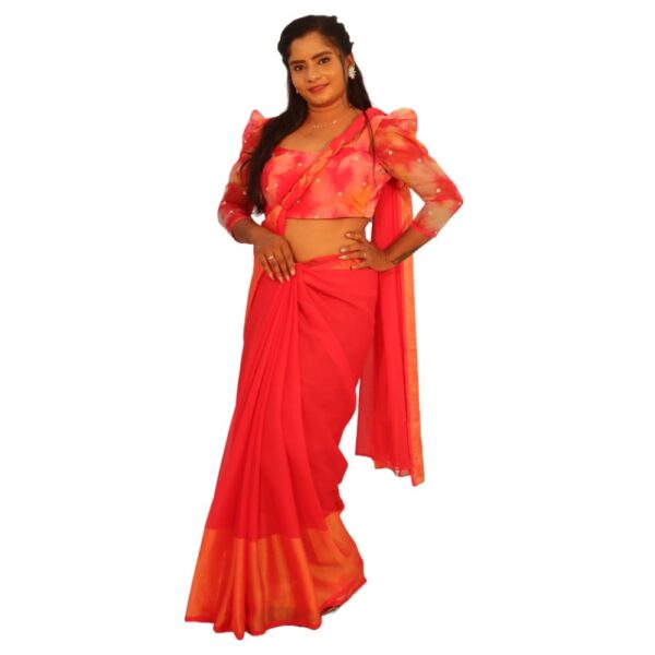 RED CHIFFON SAREE WITH READYMADE BLOUSE