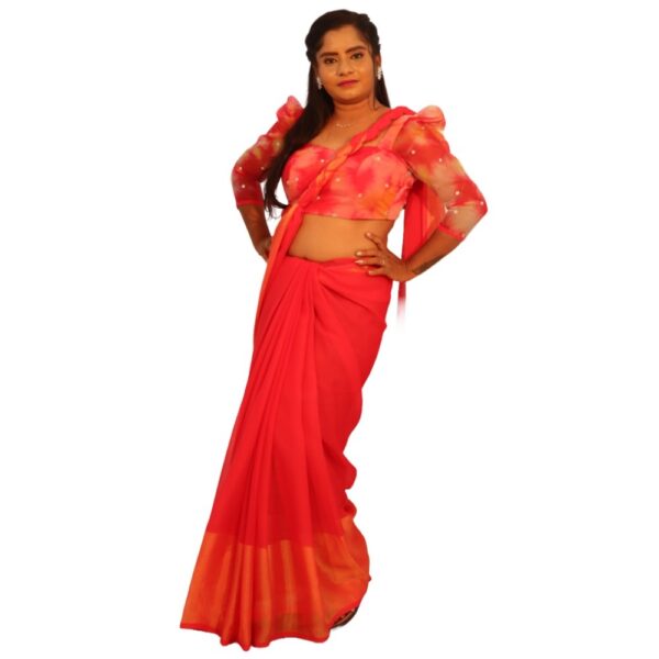 RED CHIFFON SAREE WITH READYMADE BLOUSE - Image 4