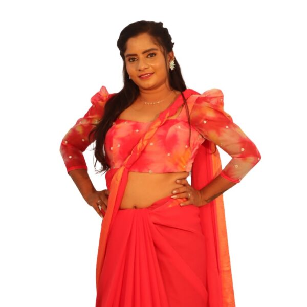 RED CHIFFON SAREE WITH READYMADE BLOUSE - Image 3