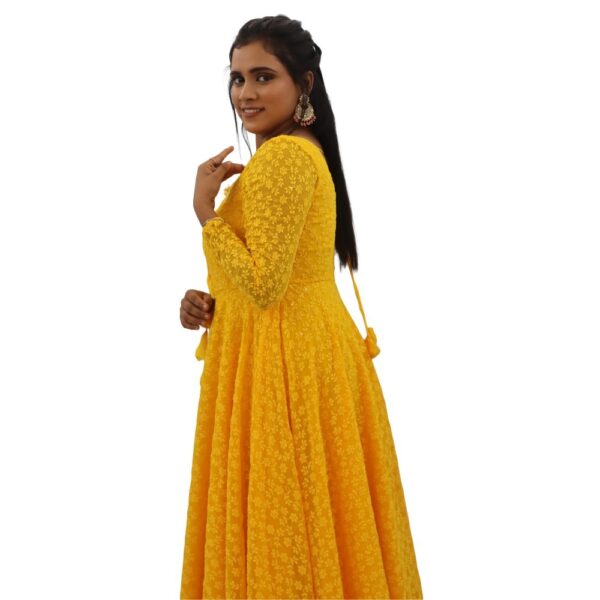 YELLOW CHIKANKARI LONG DRESS - Image 3