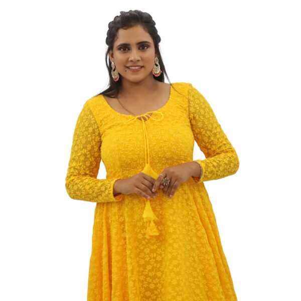 YELLOW CHIKANKARI LONG DRESS - Image 5