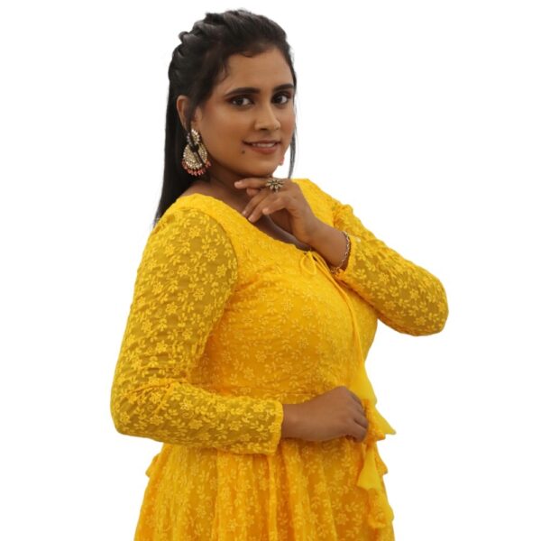 YELLOW CHIKANKARI LONG DRESS - Image 2