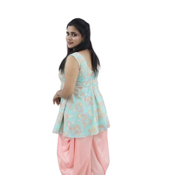 MINT GREEN PEPLUM TOP AND PEACH DHOTI PANT - Image 2