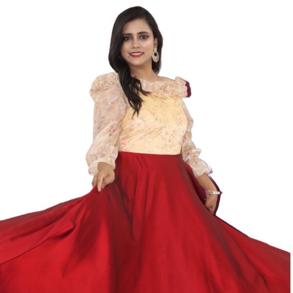 GOLD WITH RED SHINING GEORGETTE LONG DRESS - Image 2