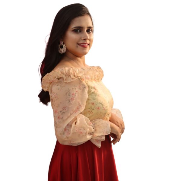 GOLD WITH RED SHINING GEORGETTE LONG DRESS - Image 3