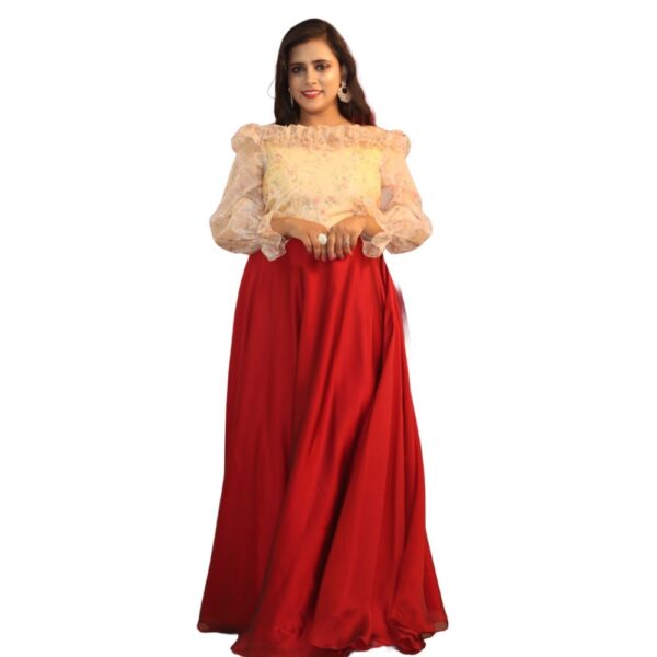 GOLD WITH RED SHINING GEORGETTE LONG DRESS