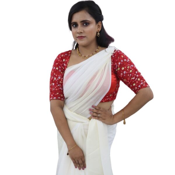 WHITE CHIFFON SAREE WITH READYMADE BLOUSE - Image 4