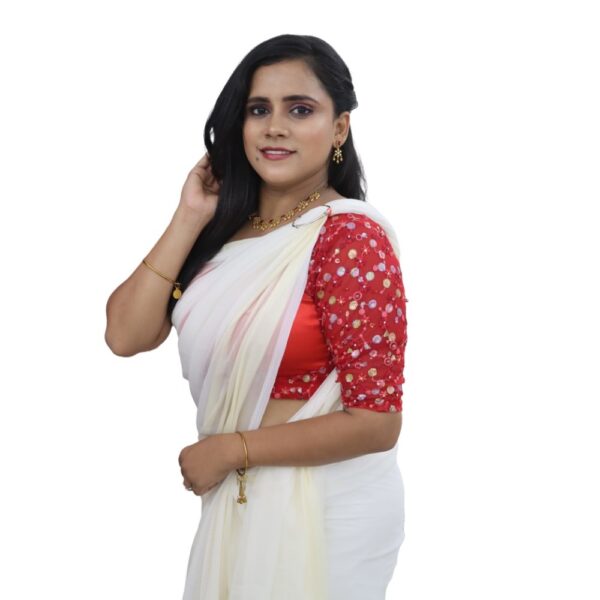 WHITE CHIFFON SAREE WITH READYMADE BLOUSE - Image 2