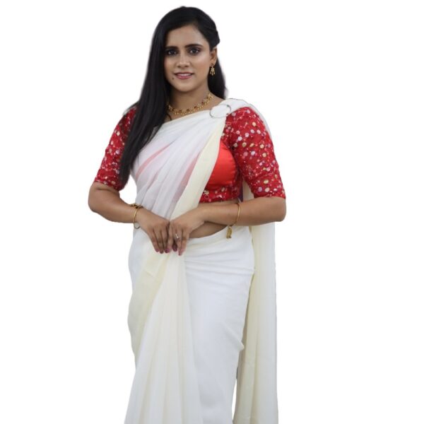 WHITE CHIFFON SAREE WITH READYMADE BLOUSE