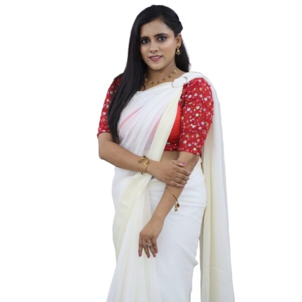 WHITE CHIFFON SAREE WITH READYMADE BLOUSE - Image 3