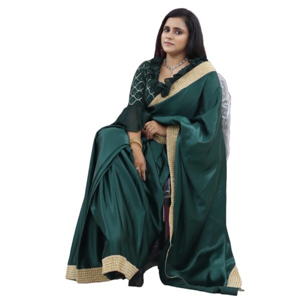 GREEN SATIN READYMADE SAREE WITH READYMADE SAREE - Image 4