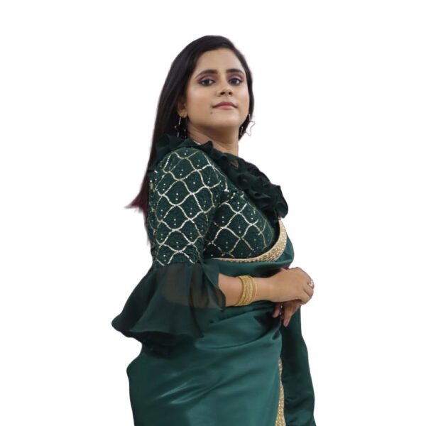 GREEN SATIN READYMADE SAREE WITH READYMADE SAREE - Image 3