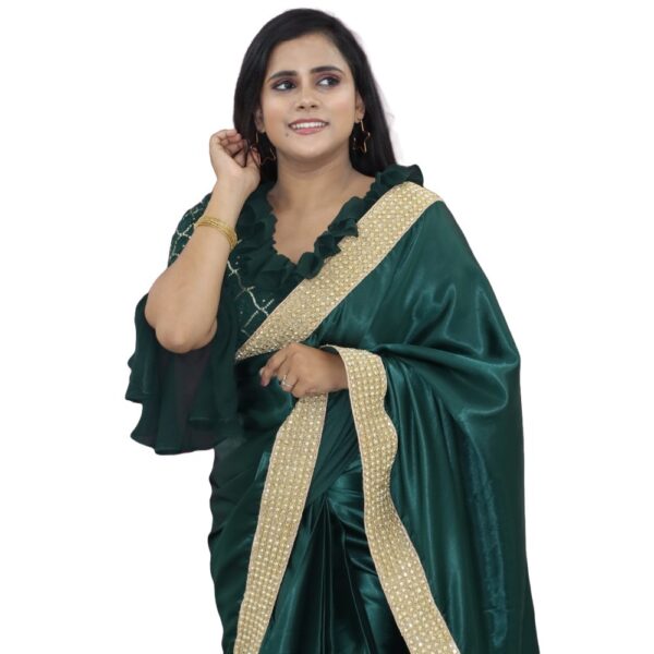 GREEN SATIN READYMADE SAREE WITH READYMADE SAREE